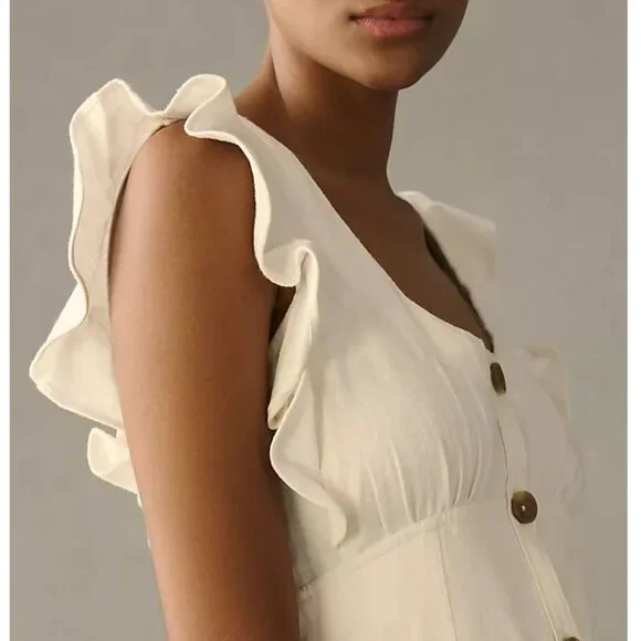 NWOT Anthropologie Pilcro Scoop-Neck Ruffle-Sleeve Buttondown Dress White Sz 10 - Picture 2 of 11